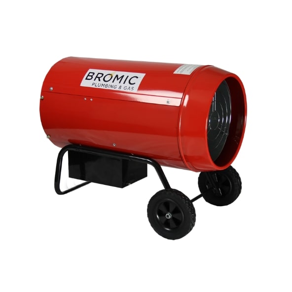 A large red portable heater with a fan, labeled