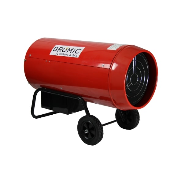 A red portable gas heater labeled