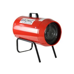 A red portable heater stands on black metal legs. It is labeled "BROMIC PLUMBING & GAS" and has a circular opening with a protective grille.