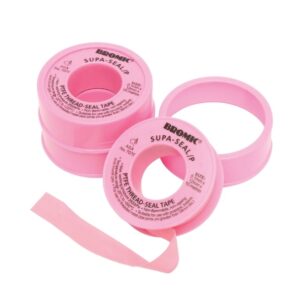 Pink rolls of PTFE thread-seal tape labeled "Bromic Supa-Seal LP" on a white background, with a strip of tape partially unraveled. Text includes usage instructions and specifications.