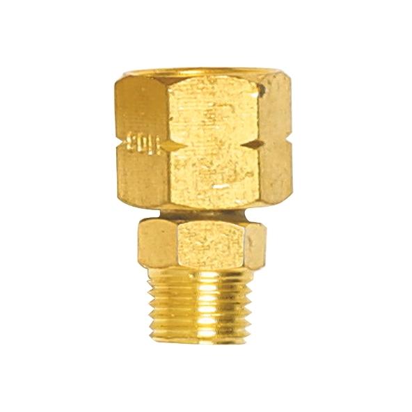 A brass hexagonal coupling adapter with threaded ends, designed for connecting pipes or hoses, set against a plain white background.