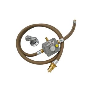 A coiled gas hose connects to a regulator with brass fittings on both ends. The regulator features a yellow button and reads "GRODANIC 990L." A metal valve is nearby.
