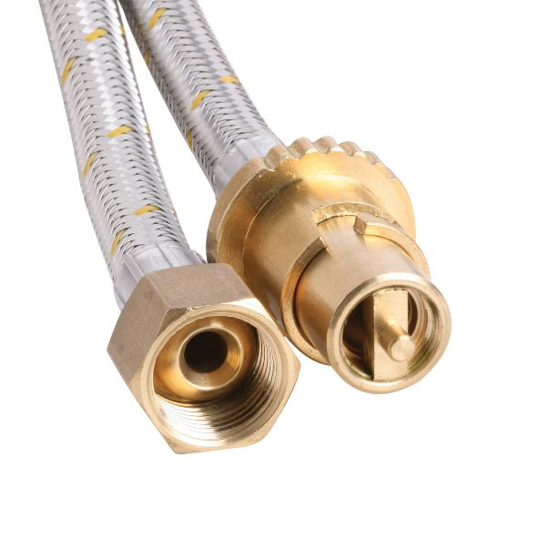 Two metal braided hoses with brass connectors, one with a hexagonal nut and the other with a round quick-connect fitting, are positioned on a plain white background.