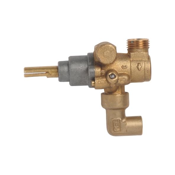 A brass angle valve with a threaded connector, featuring a grey metallic adjustment section, displayed against a plain white background.