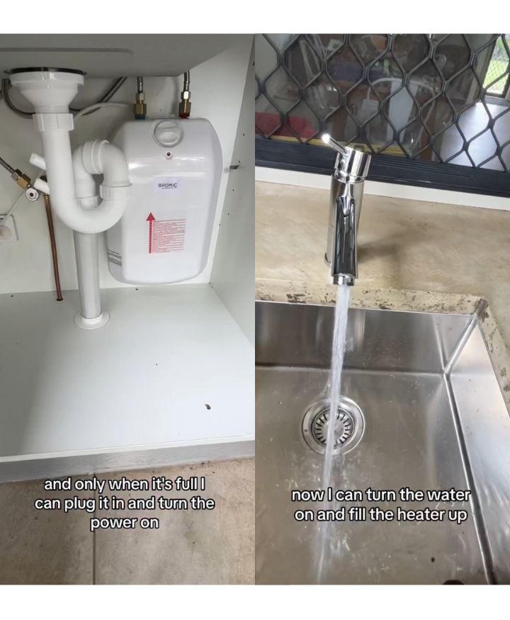 A small water heater sits under a sink, not yet powered on. Water flows from a faucet into the adjacent sink. Text reads: